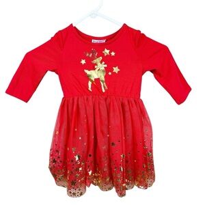 Blueberi Boulevard Red and Gold Christmas Reindeer Stars Metallic Dress 3T